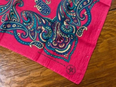Vintage Cotton Bandana Blue Green Yellow Paisley on Red Made in USA RN 14193 - Image 1 of 4