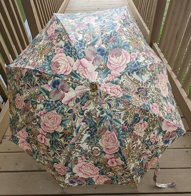 VICTORIAS SECRET Victoria's Paraguas Sombrilla Floral Lona Mango Madera De Colección RARO Foto 1 de 4