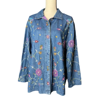 Shaver Lake Denim Jacket Size L w/Floral Print of Embroidery and Beads - Image 1 of 4