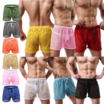 Men's Fishnet Breathable Boxer Shorts Loose Sleep Bottoms Hollow Out Swim Trunks - Image 1 of 4