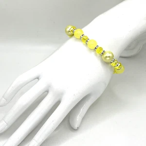 Stunning 7" Yellow Glass 12mm Pearls & Rhinestone Beaded Stretch Bracelet - Picture 1 of 3