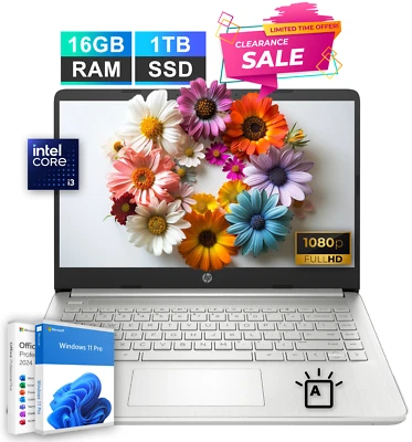 HP Laptop Computer 14" Office 2024 Intel i3 Upto 3.4GHz 16GB RAM 1TB SSD Backlit - Image 1 of 4