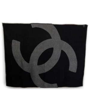 65958 auth CHANEL black & ivory wool & cashmere CC Blanket Throw & Pillow Case - Picture 1 of 12