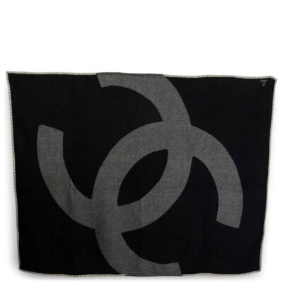 65958 auth CHANEL black & ivory wool & cashmere CC Blanket Throw & Pillow Case - Image 1 of 4