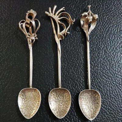 Lote-3 cucharas antiguas Harris & Son de plata de ley 925 Demitasse-flora australiana Foto 1 de 4