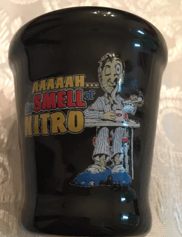 NHRA DRAG RACING Oval Logo Smell Of Nitro Shot Glass Two Side Graphics NEW Black Cover