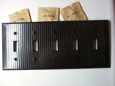 Leviton 5-Gang 1950s Ribbed Brown Bakelite Switch Plate Wall Box Cover Vtg MCM - Image 1 of 4