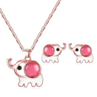925 Placcato Argento Gemma Rosa Cuore Elefante Festa Sposa Set Collana Orecchini - Immagine 1 di 4