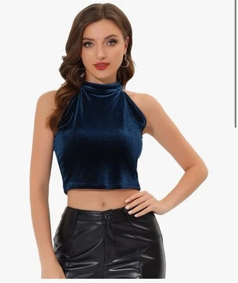 Camiseta sin mangas con cuello halter de terciopelo de cóctel corta cami azul marino talla pequeña T8 Foto 1 de 3