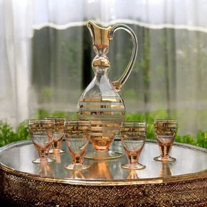 Amber & Gold Stripe Decanter w/ 5 Cordial Wine Bohemian Glasses Romania Vintage - Picture 1 of 21