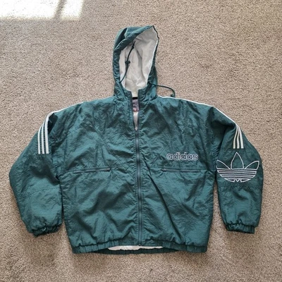 复古阿迪达斯夹克男式 Md 绿色三叶草三条纹拼色拉链连帽 90 年代 — 第 1/4 张图片