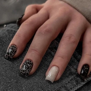 Press on Nails Short Square Fake Nails Black Leopard False Nails Shiny Glossy... - Picture 1 of 7