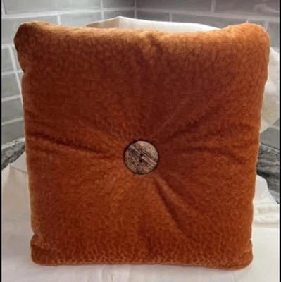 Vintage 70s Retro Rust Brown Crushed Velvet Pillow 16” Square Lg Button Accent - Image 1 of 4