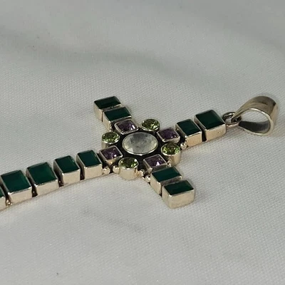 Nicky Butler 925 Sterling Silver Green Multi Gemstone Cross Pendant RARE - Image 1 of 4