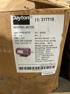 DAYTON 31TT15 3PH General Purpose Motor, 1HP / 1800 RPM / 56H - NEW - Image 1 of 4