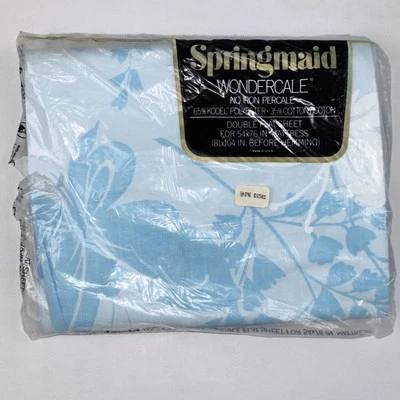 Vintage Springmaid Wondercale Double Flat Sheet Blue Floral Butterflies No Iron - Image 1 of 4