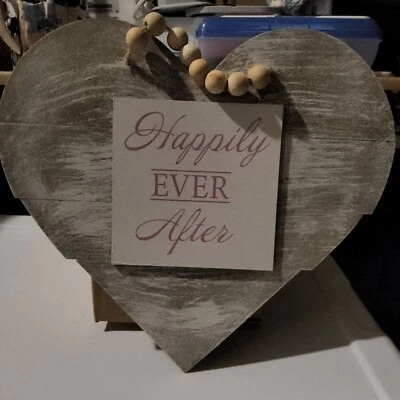 Wooden Wedding Sign 12" Heart Happily Ever After Handmade For Newlyweds Him Her - Image 1 of 4