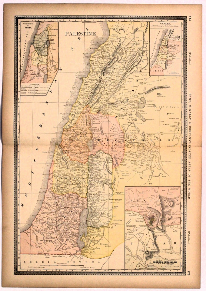 Antiguo mapa auténtico "PALESTINA" JERUSALÉN 1883 Foto 1 de 1