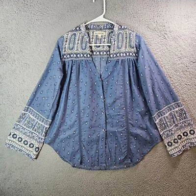 Billabong Top Blouse Women Small Paisley Geometric Print Bell Sleeve White Blue - Image 1 of 4