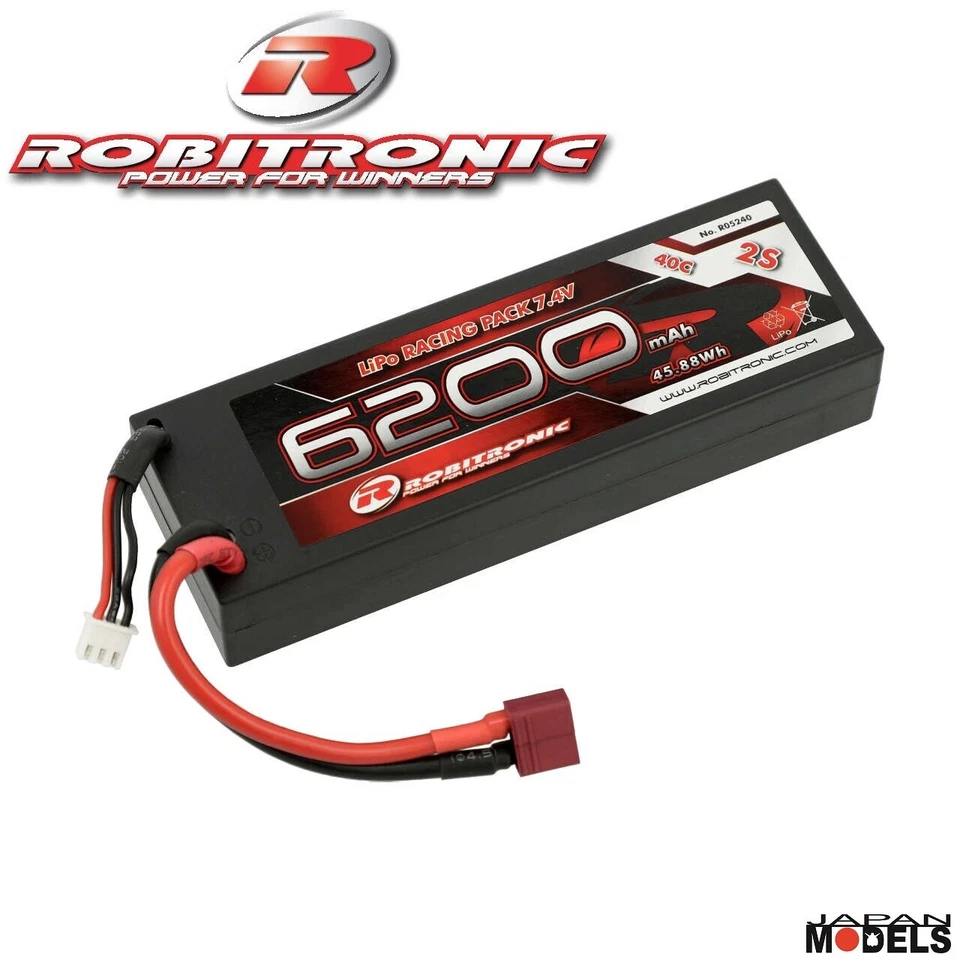 Batteria Lipo 2S 7.4 V ROBITRONIC 6200mah 40C Hard Case T-Plug 1/8 1/10 Rc