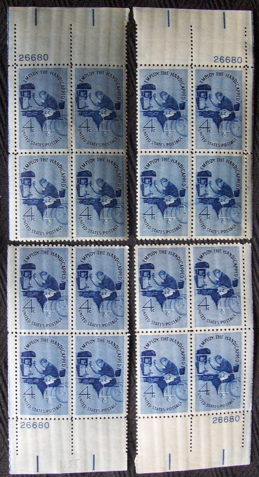 US 4¢ stamp SC #1155 Employ the Handicapped MNH 1960, 4 matching plate blocks - Image 1 of 1