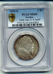 1932-G SWEDEN, 2 KRONOR, 300TH ANN. G.H. ADOLF, PCGS MS65, #579378.65 / 26640801 - Picture 1 of 2