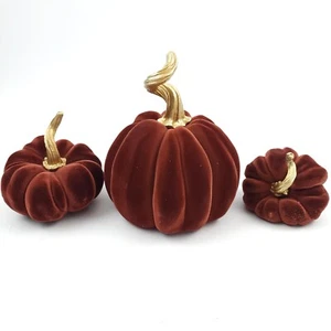 Set of 3 Flocked Pumpkins with Gold Stems Sienna Color by Valerie - Picture 1 of 8