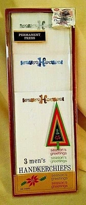 HANDKERCHIEFS SET 3 VINTAGE MONOGRAM H NOS WHITE WITH GRAY BLUE BROWN ORG BOX. - Image 1 of 4