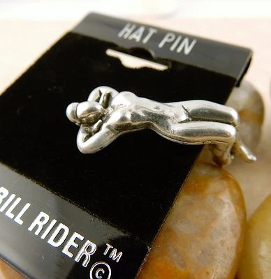 Vintage 14k gold plated or Pewter Sexy sunbather Lady hat pin, Bill Rider brand - Image 1 of 2