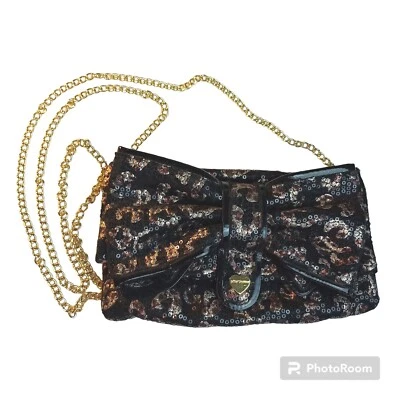  Betsey Johnson Black & Gold Sequin Bling Big Bow Wallet Clutch Crossbody  - Image 1 of 4