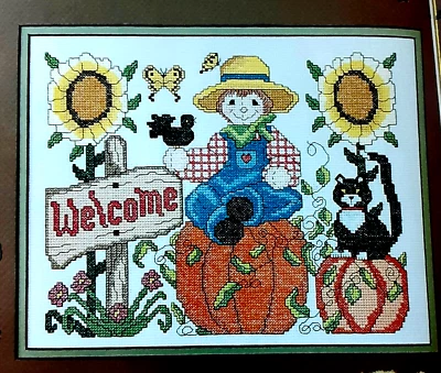 Cross Stitch Pattern HARVEST WELCOME Pumpkin Sunflower Cat Bird Boy Autumn Fall - Image 1 of 4