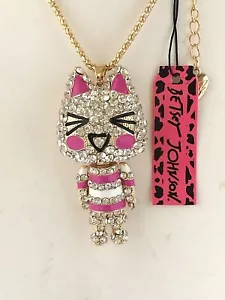 BETSEY JOHNSON ROSE & WHITE ENAMEL CRYSTAL CAT GOLD PLATED PENDANT NECKLACE - Picture 1 of 1