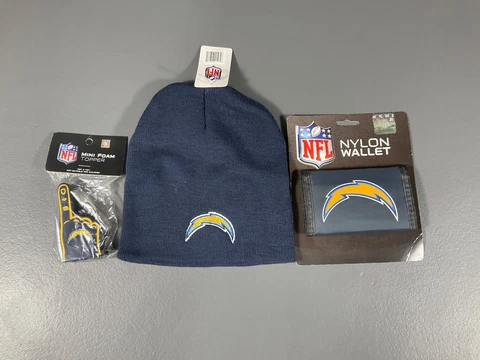Los Angeles Chargers NFL Ultimate Fan Gift Lot Beanie, Foam Topper, Nylon Wallet Cover