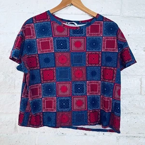 ZARA Trafaluc Red Blue Patchwork Bandana Print Boxy Crop Short Sleeve Shirt M - Picture 1 of 7