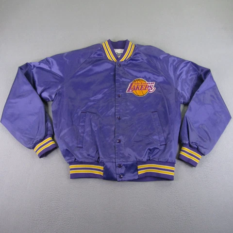 Vintage LA Lakers Jacket Large Purple Chalk Line Satin Snap Up 1989 80s NBA ^ Cover
