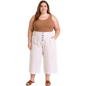 Wmns Wide Leg Linen Blend Cropped Pants High Waist Button Front XL Lagenlook - Picture 1 of 9