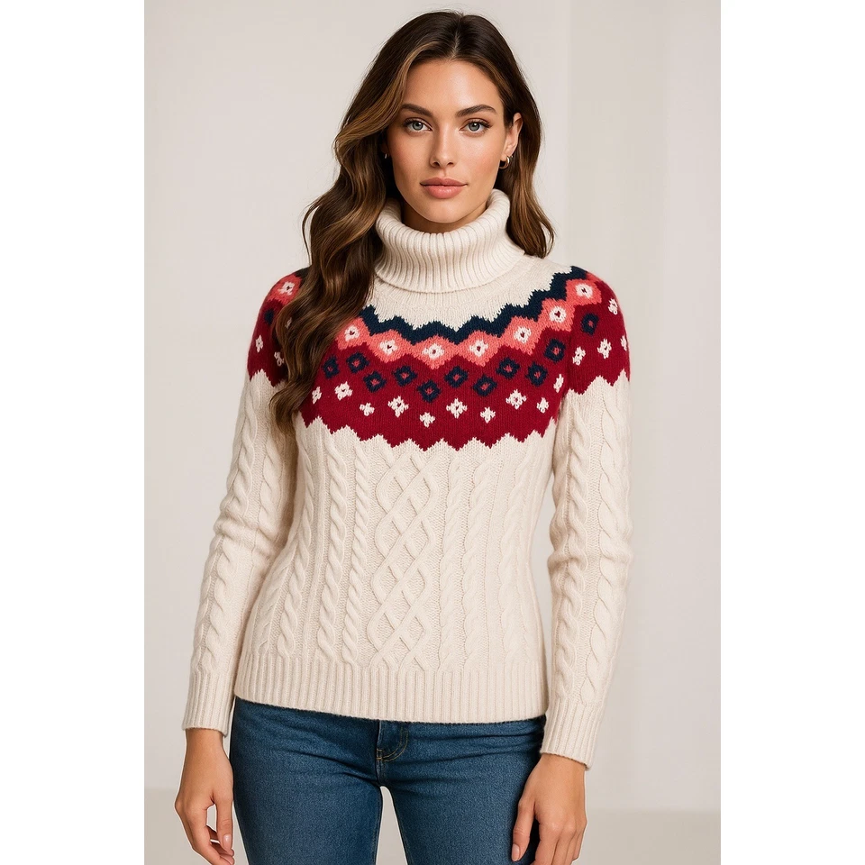 LOFT Fair Isle Sweater Womens M Cream Turtleneck Cable Knit Chunky Nordic Cozy - Image 1 of 4