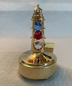 Mascot 24k Gold Plated Austrian Crystal LightHouse Music Box, 5"T, Works Well - Picture 1 of 10