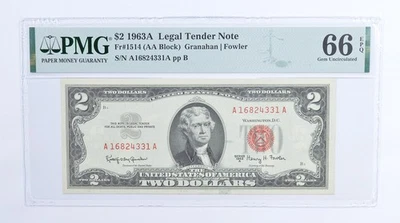 $2 1963 A Legal Tender Note FR-1514 PMG 66 EPQ PMG Graded - Image 1 of 3