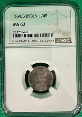 1890 B 1/4 Rupee. NGC MS 62. KM #490--458,960 Mintage - Image 1 of 4