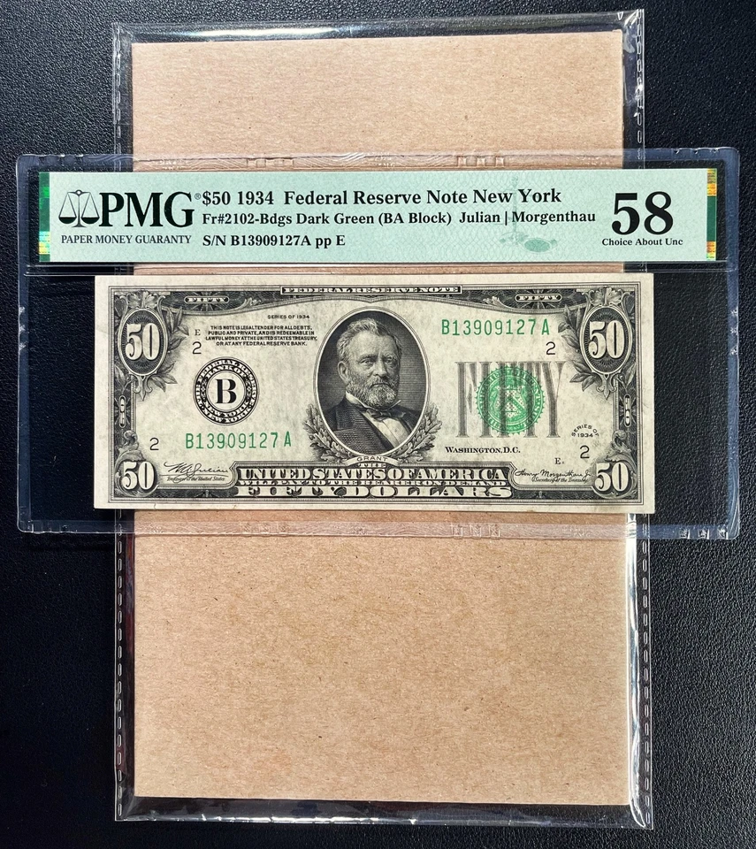 Fr. 2102-Bdgs 1934 $50 Federal Reserve Note NEW YORK PMG 58 - AU Comment - Image 1 of 2