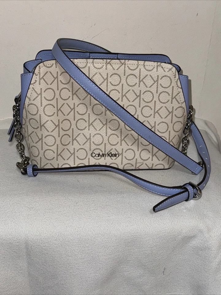 CALVIN KLEIN Hailey Signature Triple Compartment Crossbody Blue White Purse Bag - Image 1 of 4