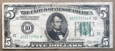 1928A $5 FRN ~ KANSAS CITY [] NUMERIC 10 SEAL [] FR.1951-J [] SN# J 0527 7754 A - Image 1 of 3