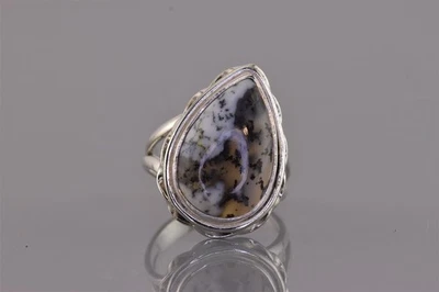 Anillo de plata esterlina con bisel giratorio pera blanco banda de ágata dendrítica 925 talla: 7 Foto 1 de 4