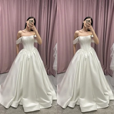 Elegant Wedding Dresses Off The Shoulder Beading Satin A Line Bridal Gowns - Image 1 of 4