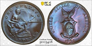 1938-M U.S. Philippines 1 Centavo PCGS MS65BN Toned Toning Mint State KM#179 - Picture 1 of 1