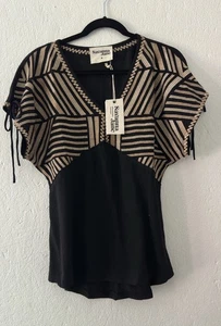 NWT - Savanna Jane Anthropolgie Medium Womens Embroidered Black Gold Boho Top - Picture 1 of 11