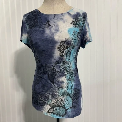 Dressbarn女式M海洋蓝色花卉印花短袖T恤 — 第 1/4 张图片