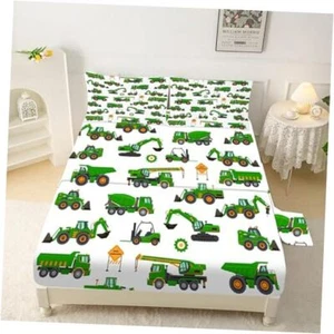 Sheet Set: Size Cartoon Excavator Truck Bed Sheets for Boys Full Green Tractor - Picture 1 of 7
