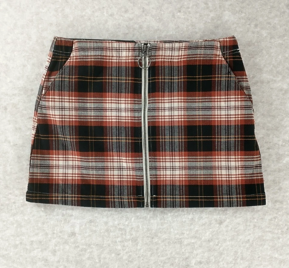 Volcom Classic Plaid Brown Mini Skirt Front Zip Pockets Sz M 8 Juniors Y2K Short - Image 1 of 4